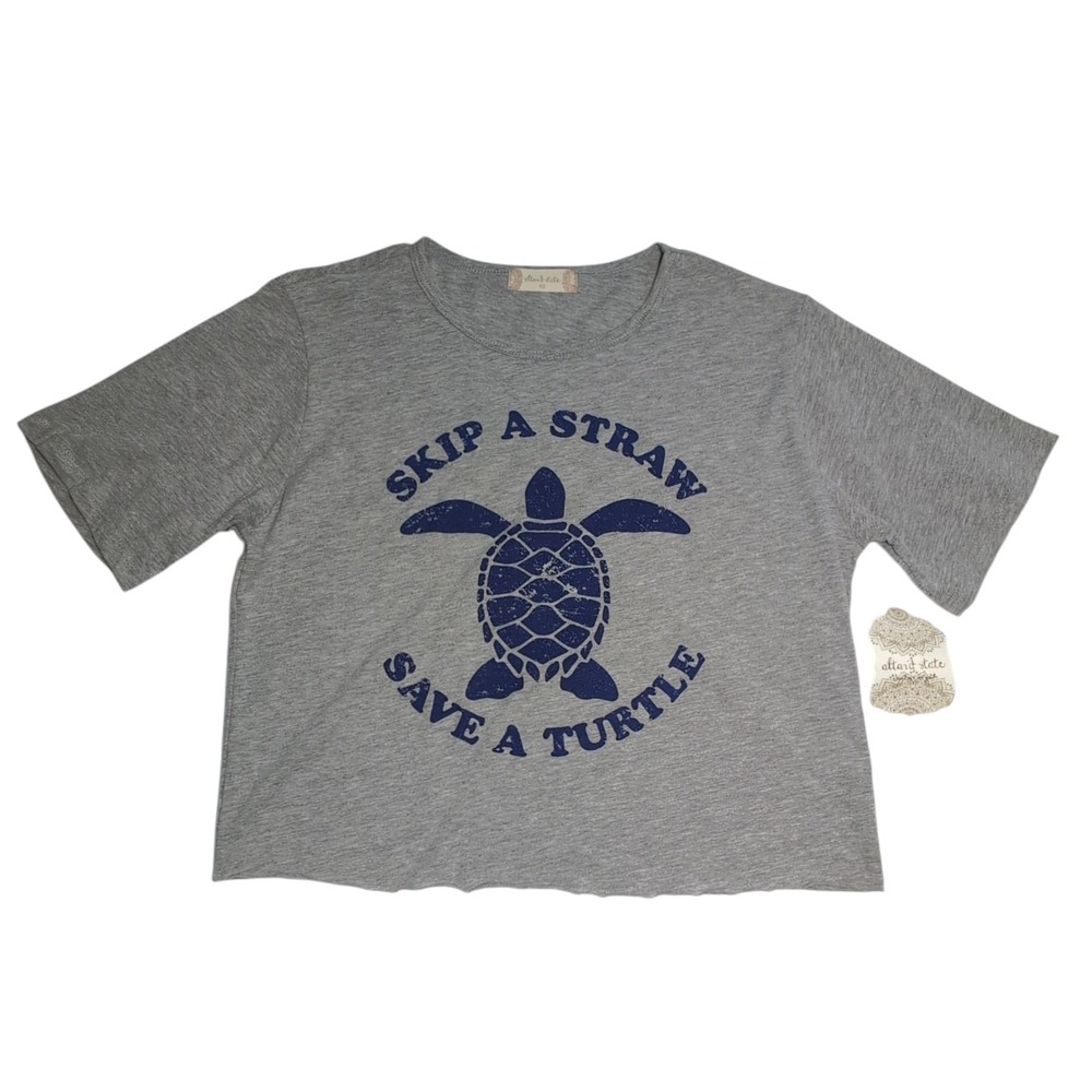 Altar'd State Graphic Tee Women XS Heather Blue Save A Turtle Cropped
